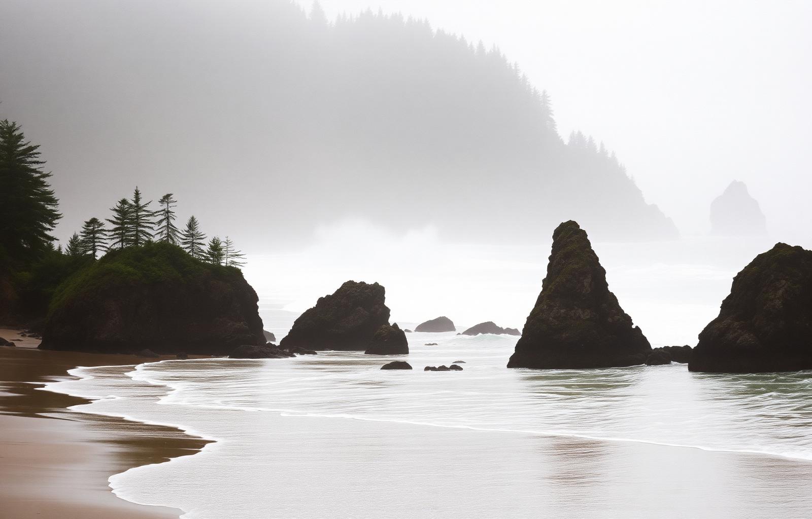 Misty Tofino coastline with sea stacks